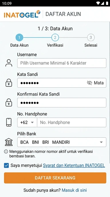 Tampilan halaman daftar inatogel
