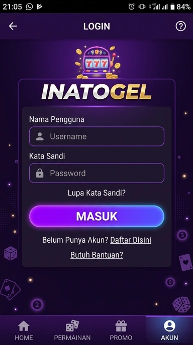 Tampilan halaman login inatogel
