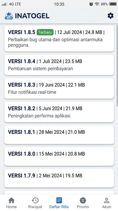 Tampilan riwayat versi inatogel